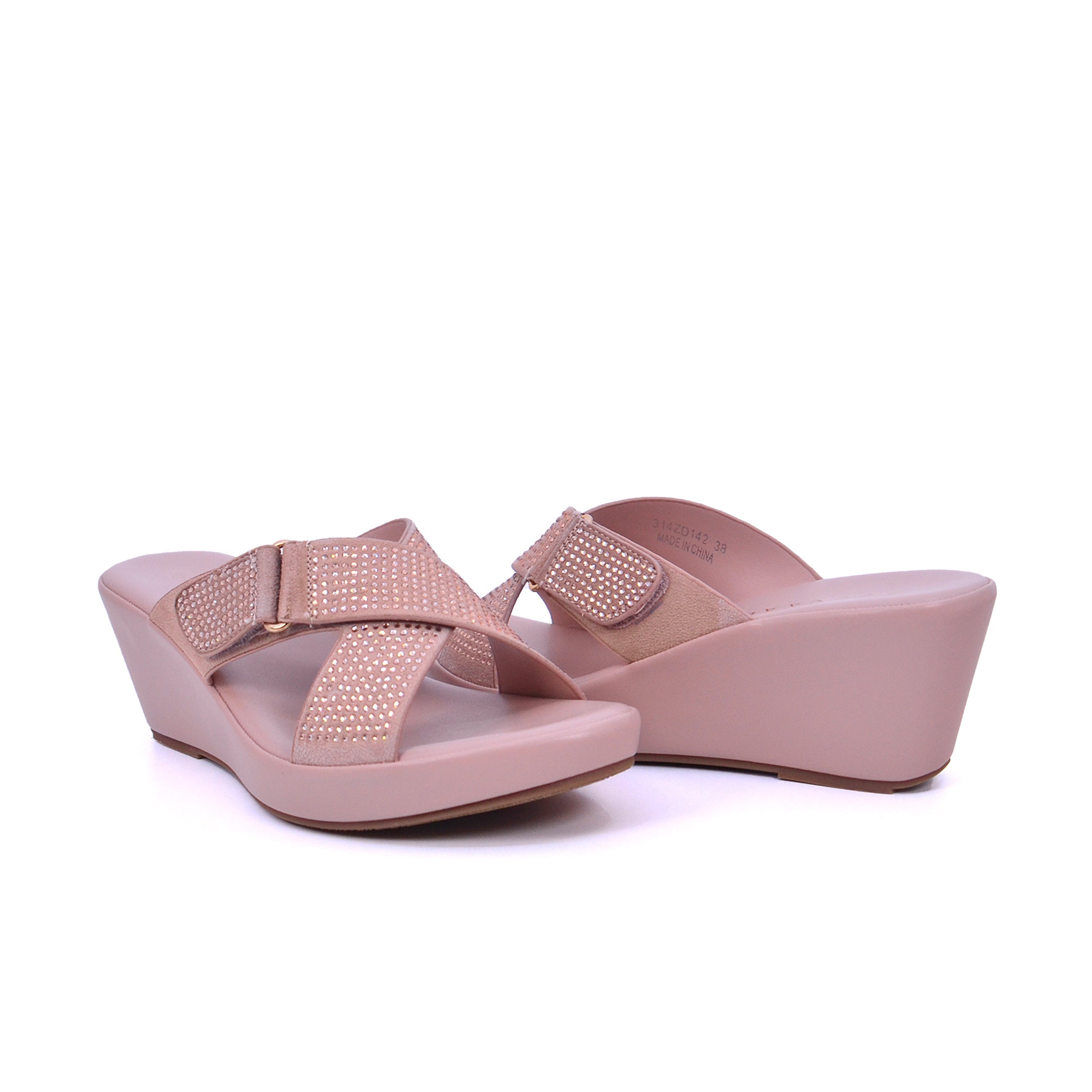 Mynaal Women's wedge sandal with embellished buckle straps-314ZD142-Pink