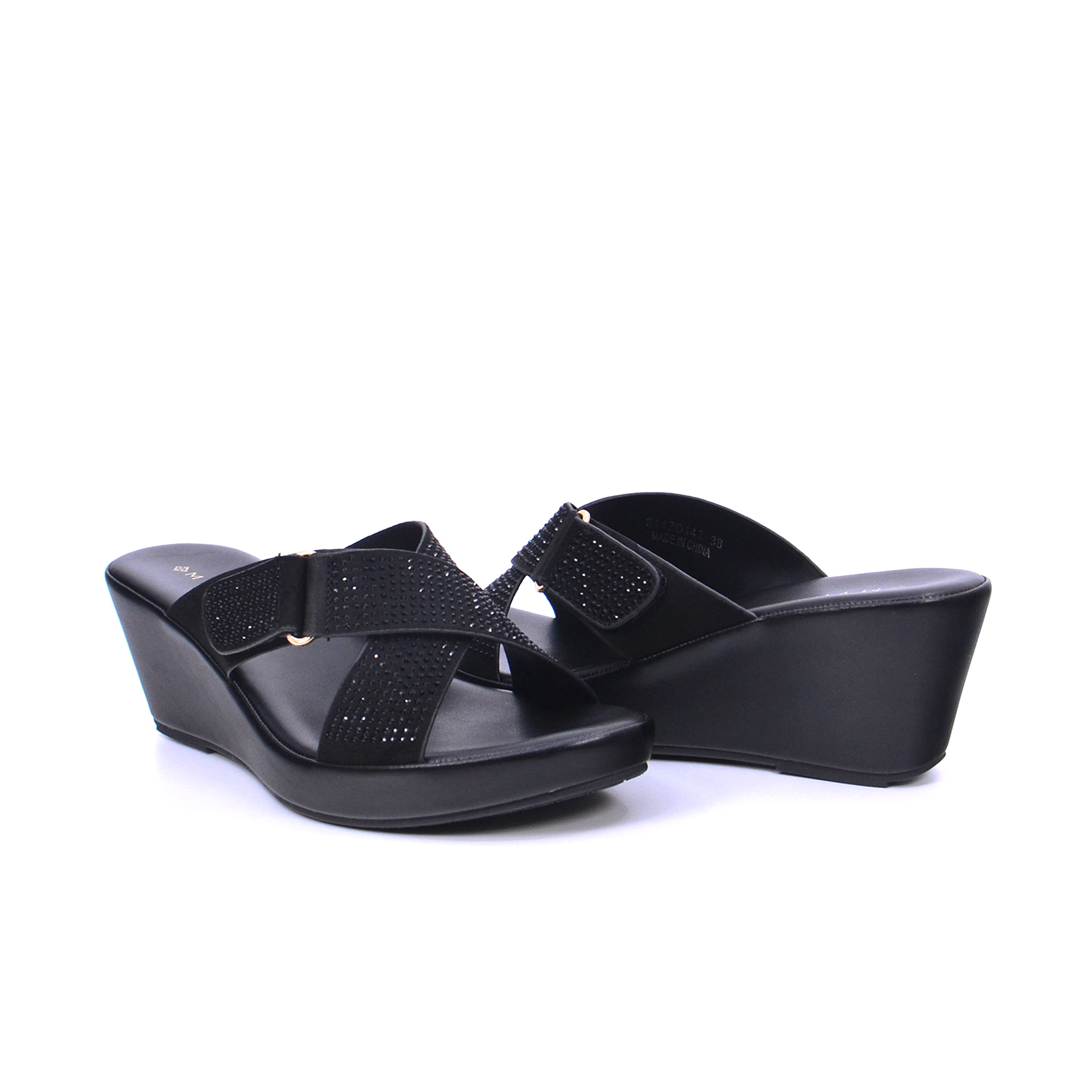 Mynaal Women's wedge sandal with embellished buckle straps-314ZD142-Black
