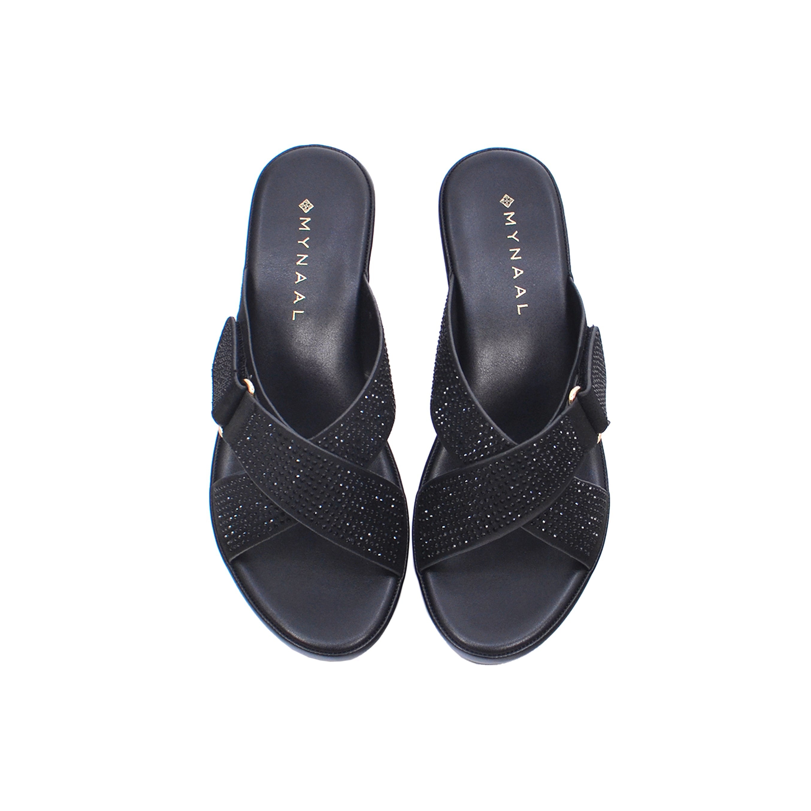 Mynaal Women's wedge sandal with embellished buckle straps-314ZD142-Black